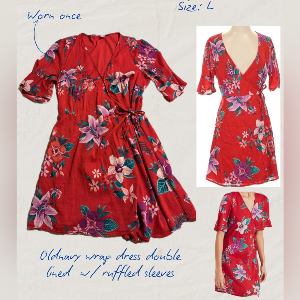 Old Navy Red Floral Tie-Waist Wrap Dress